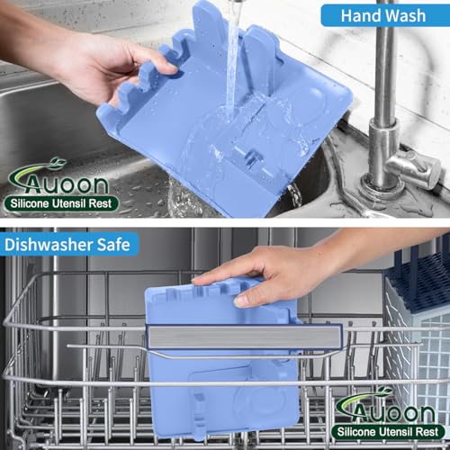 Image of Auoon Silicone Spoon Rest with Lid Holder - 3 in 1 Kitchen Utensil Rest for Soup Ladles, Pot Lids, Spatulas, Spoons, Tongs, BPA Free & Dishwasher Safe, 8.26 x 8.06 Inch (Blue Velvet, Large)
