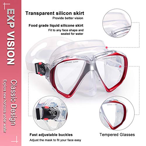 Image of Snorkel Diving Mask Panoramic HD Swim Mask, Anti-Fog Scuba Diving Goggles,Tempered Glass Dive Mask Adult Youth Swim Goggles with Nose Cover for Diving, Snorkeling, Swimming (Clear Red)