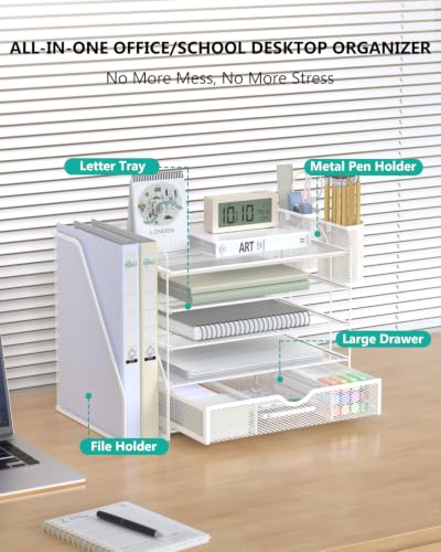 Image of WALI Desk File Organizer, 5 Tier Desktop Paper Letter Tray Organizer with Drawer and 2 Pen Holders, Office Desk Accessories & Workspace Organizers for Office, Home Supplies(DO006DH-W), 1 Pack, White