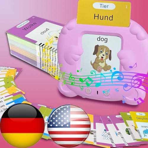 Image of HALCONTORNO Bilingual English German Flash Cards - Deutsch Talking Flash Cards for Kids, Pocket Speech for Toddlers 3-12, Educational Learning Toys, Audible Gift Play Cards, Autism Sensory Toys (Pink)