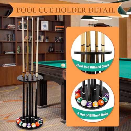 Pool Stick Holder Floor Stand - Round Billiard Cue Rack Pool Table Accessories Holds 8 Pool Cues, Wooden Freestanding Pool Cue Rack Billiards Table Stand for Game Room Billiard Room Decor(Black)