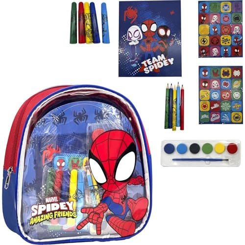 Set Escolar Spidey e seus amigos surpreendentes mochila transparente com úteis e acessórios de arte - mochila pinturas Spidey com caderno, cores, aguarelas e autocolantes