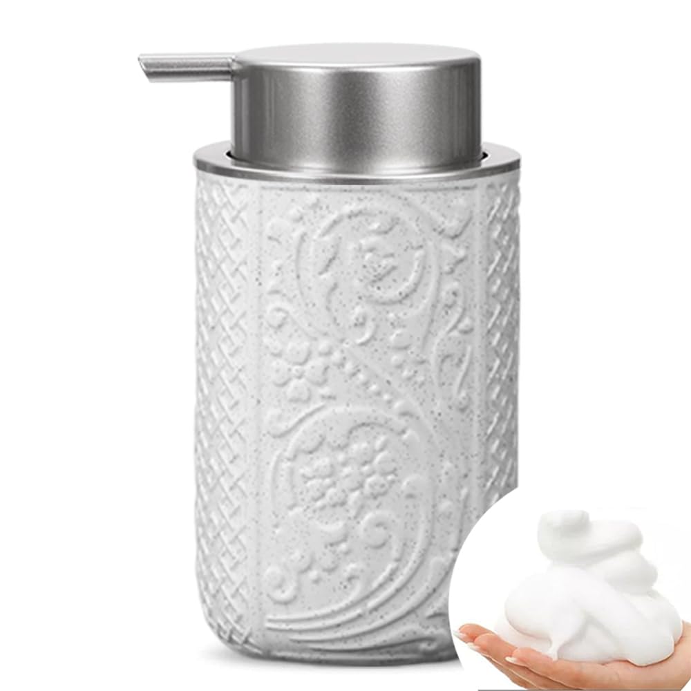 Ceramic Beige Foam Soap Dispenser with Silver Pump, Refillable Lotion