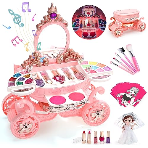 Kids Makeup Kit for Girl, 3 in 1 Play Makeup Set with Washable & Non-Toxic Cosmetic Vanity, Real Make Up Girls Toys, Princess Doll & Cards for Pretend Play, Toddler Birthday Gift for 3-6-8 Years Old
