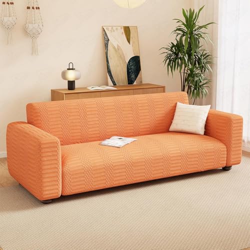 Image of Lukzer 2 Seater Pastel Orange Dotted Stripe Pattern Sofa Cover | 240 GSM Universal Stretch Fit Jacquard Fabric Couch Protector | Fully Covered Anti Slip & Washable Sofa Cover (SC-069-02 /140-180cm)