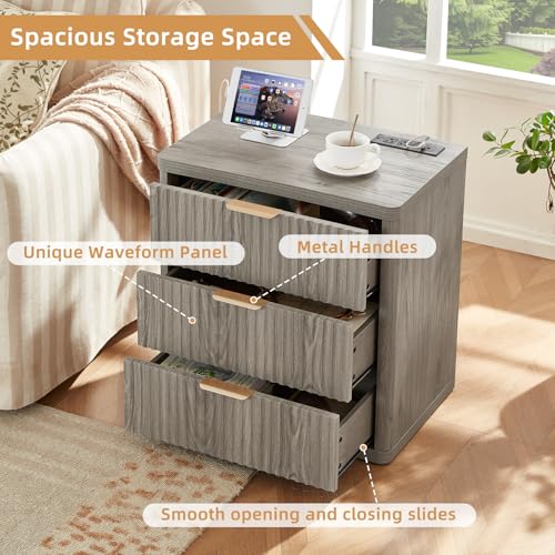 Image of LEYAOYAO 23 inch Wide Fluted Night Stand with Charging Station,3 Drawers Large End Table with Storage,Grey Nightstand Wood Bedside Tables, Farmhouse Cabinet Dresser for Bedroom,Closet