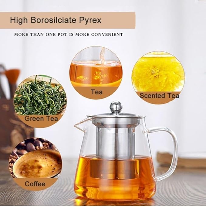 BuntyChiku Premium 550ML Glass Teapot with Removable Infuser | Stovetop & Microwave Safe Borosilicate Clear Large Glass Kettle | Easy to Pour Spout, Blooming and Loose Leaf Tea Maker Set (550) 3