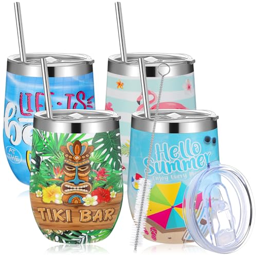 Tioncy 4 Pieces 12 oz Summer Hawaii Tumbler Cups Tropical Flamingo Vacuum Wine Cup Insulated Stainless Steel Travel Mug Tumblers with Lid and Straw Sea Beach Pool Party Vacation Gifts
