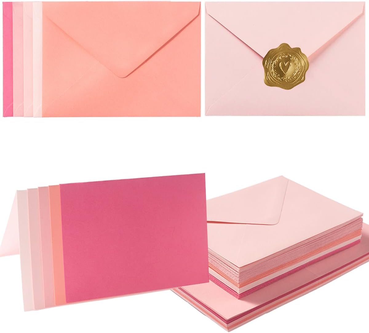 50 Pack Pink A6 Envelopes with Blank Cards Set, Envelopes 5 Colors with 4x6 Cardstock and Gold Stickers for Wedding Invitations (Pink, 4x6)