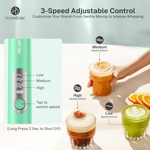 Image of HOMEBASIC Coffee Frother Electric Handheld, 3-Speed Milk Frother Rechargeable with Dual 304 SS Whisks, 8000 RPM Foam Maker for Latte, Cappuccino, Matcha, Eggs | Whisk Wave (GRN)