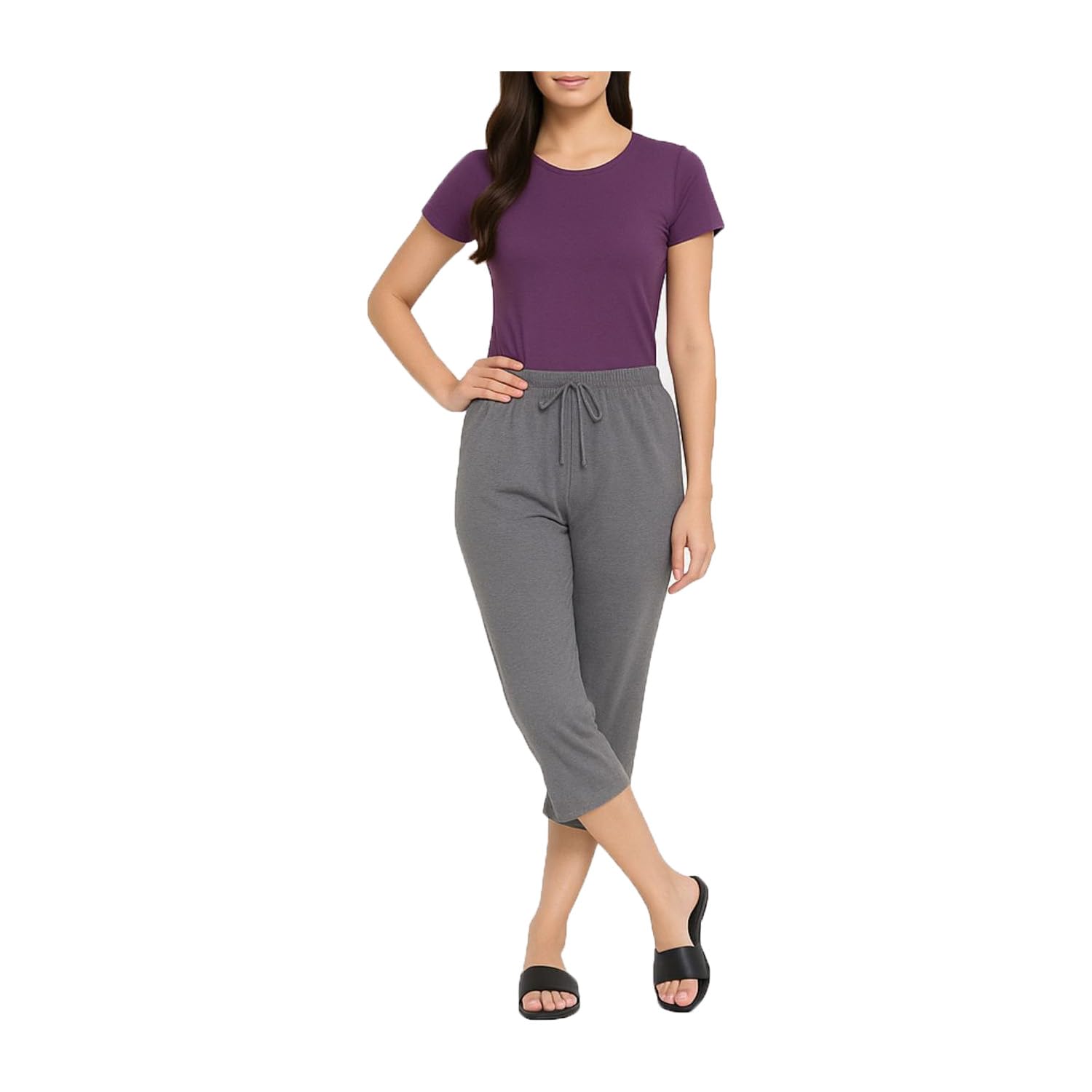 brand flex Women's Elastic Waist Regular Loosefit Cotton Solid Capri Lounge Pants For Girls Single Pack-picture-15