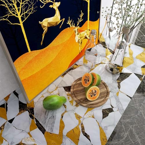 Image of VOLITO Self Adhesive Marble Wallpaper Kitchen Wallpaper Oil Proof & Waterproof Wallpaper for Cabinet Makeover, Almirah, Plastic & Tabletop, Wardrobe (60x200cm) (V-New White Gold Blocks)