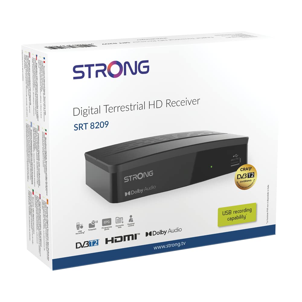 STRONG SRT 8209 Décodeur TNT Full HD DVB-T2, Récepteur HEVC avec Fonction enregistreur (HDMI, Péritel/SCART, USB, LAN, RSS) Noir