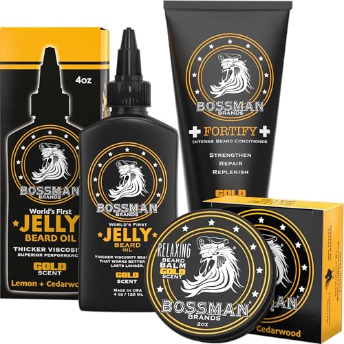 Bossman Essentials Beard Kit for Men, Set of 3 - Beard Oil Jelly, Fortifying Conditioner Cream, Beard Balm - Grooming Growth Care Accessories - Gift Set for Men (Gold)