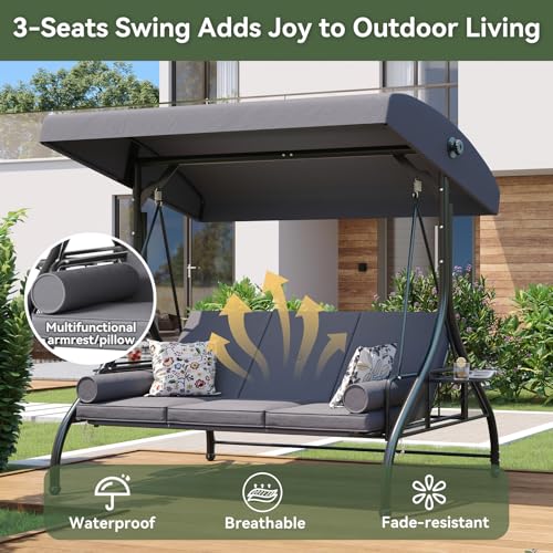 Image of Aoxun Outdoor Porch Swing with Stand and Canopy, 3 Seats Outdoor Swings for Adults, Convertible 2 in 1 Swing Bed with Cup Holder, Patio Swings with Thicken Cushions for Garden, Yard & Balcony, Grey