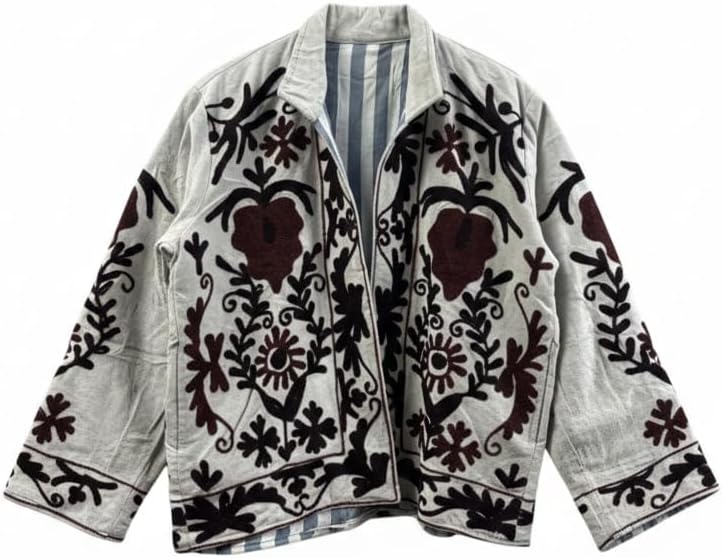 Embroidered Jacket, White with Black and Brown Floral Design, Reversible Striped Lining, Open Front
