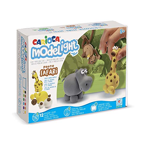 Carioca - Pasta De Modelar Ligera Y Brillante En Oferta Carioca Modelight Maxi Safari | Pasta De Modelar Para Niños Super Elástica, Maxi Caja Juego Con 6 Vasitos De Pasta De Modelar Super Ligera, Herramientas Y Tutorial, 12 Colores Surtidos, 180 G