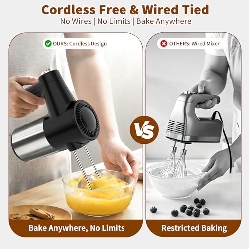 Image of Cordless Electric Hand Mixer, 7 Speed Rechargeable Wireless Handheld Mixer with Eject Button, Long Battery, Quiet Anti-Splash, 6x304 Stainless Steel Attachments & Storage Base for Baking (Black)