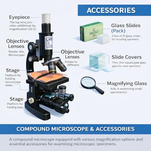 Image of LABGO Compound Student Microscope with LED Lamp | 50 Blank & 2 Prepared Slides | ISO Certified | Biological Lab Microscope for Students, Schools & Research Use