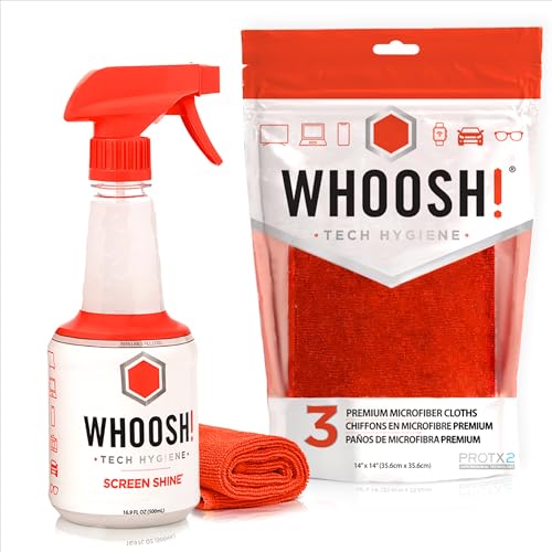 WHOOSH! Nettoyant d’écran OLED Pro - 500 ML avec 4 Chiffons en Microfibre pour téléviseurs (Paquet), écrans LCD et LED - sans Traces, sûr et Non Toxique