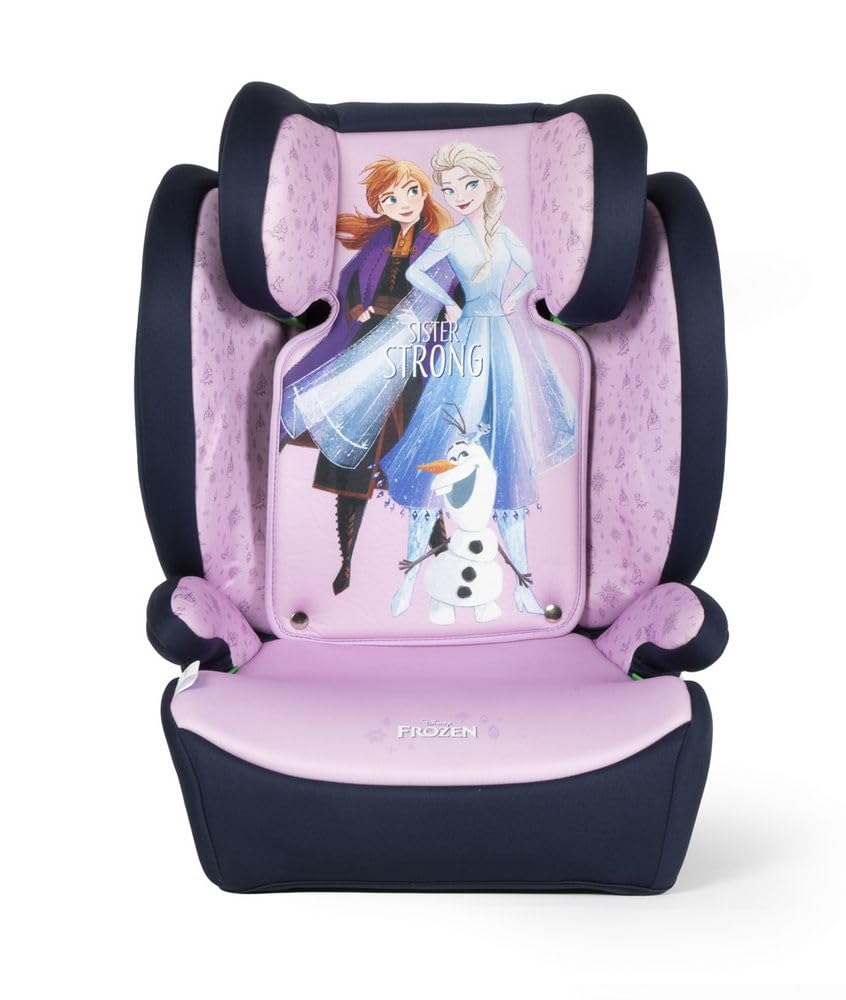Fotelik Samochodowy Disney Frozen Z Nasadką ISOFIX Dla Bezpieczeństwa Dziewcząt O Wysokości Od 100 Do 150 Cm Z Grafiką Księżniczki Elsy, Anny I Uroczego Olafa Na Fioletowym Tle