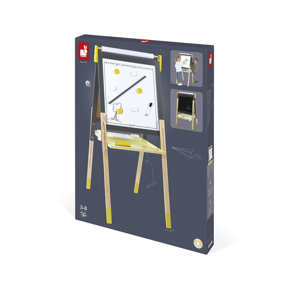 Janod - Tableau Double Face en Bois Gris et Jaune - Face Noire et Face Blanche Magnétique -Tableau Réglable en Hauteur - Avec Rouleau Papier Dessin - Nombreux Accessoires - Dès 3 Ans, J09630