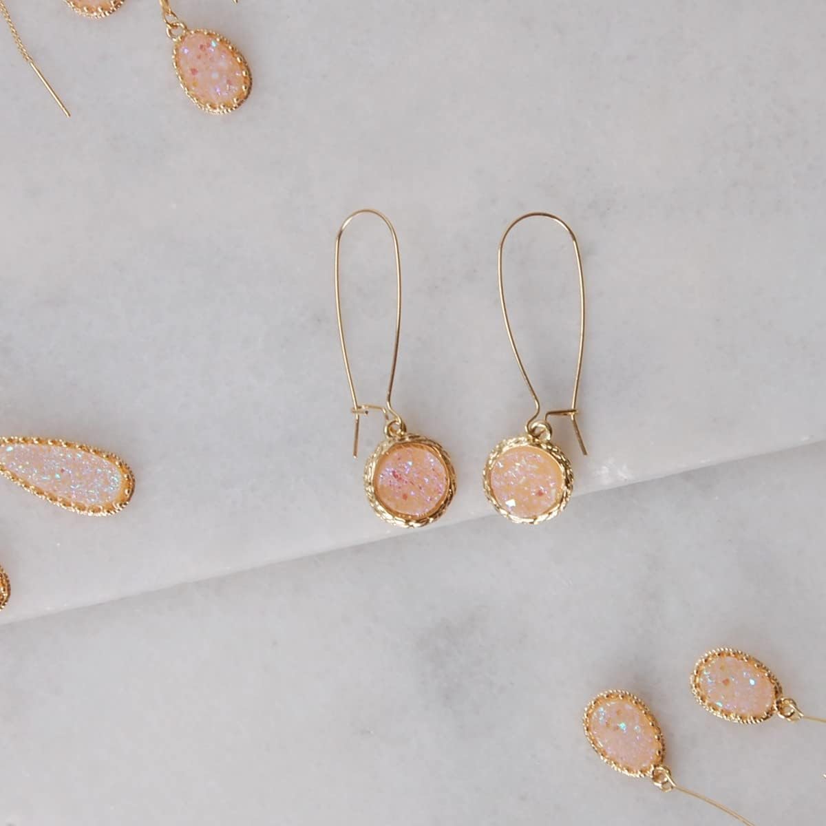 Simulated Druzy Threader Drop Earrings for Women - Gold, Silver, or Rose Gold Tone Trendy Boho Dangles with Sparkly Round Stone - Image 3
