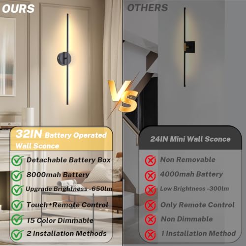Image of 8000mah Detachable Battery Operated Wall Sconces Set of two, 32 Inch Rechargeable Wall Sconce With Remote & Touch, RGB 15 Colors Dimmable Wireless lamp for Bedroom, Living Room, Hallway Decor, Black