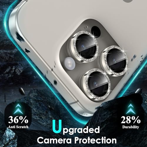 YWXTW Designed for iPhone 15 Pro/iPhone 15 Pro Max Camera Lens Protector Bling, [New Glitter Design] Individual Metal Tempered Glass Camera Cover Accessories Case Friendly (Natural Titanium Glitter) — view 3