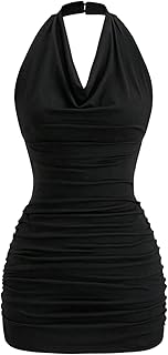 Women's Halter Mini Dress Ruched Draped Cowl Neck Sleeveless Backless Bodycon Party Dresses - Buy now