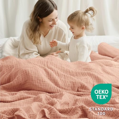 Image of 100% Cotton Muslin Blanket Queen 90 inch x 90 inch, 6 Layers Breathable and Lightweight Cotton Throw Blankets for Bed, Soft Cooling Summer Gauze Blanket for Adults All Season, Dusty Rose‌