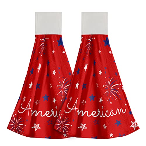 American Patriotic Kitchen Hand Towels With Hanging Loop - 4Th Of July Stars Soft Coral Velvet Tie Towel 2 Pack For Usa Independence Day Holiday Decor Washcloth Dish Towels #TOP6