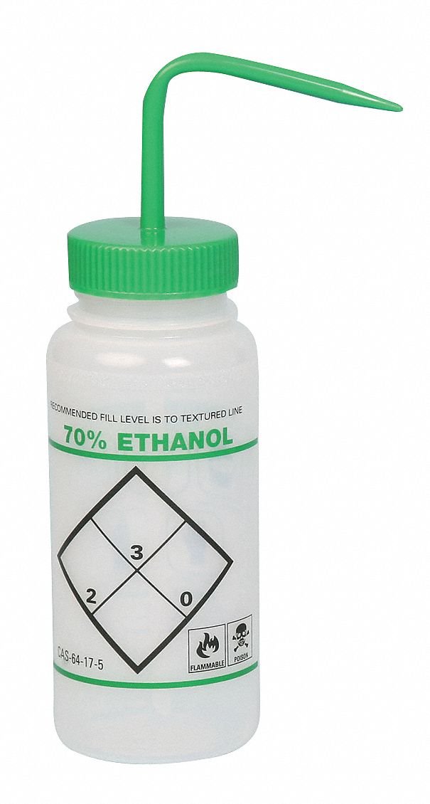 SP Bel-Art Safety-Labeled 2-Color 70% Ethanol Wide-Mouth Wash Bottles; 500ml (16oz), Polyethylene w/Green Polypropylene Cap (Pack of 6) (F11646-0640) Made in USA