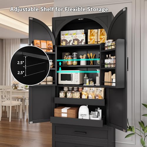 Image of iPormis 71 inch Tall Kitchen Pantry Storage Cabinet w /Adjustable Shelf, Large Drawers & Door Shelves, Freestanding Kitchen Cupboard for Dining Room /Living Room, Classic Black