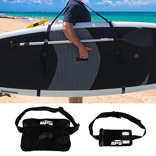 BPS Shoulder carry STRAP GO AROUND YOUR BOARD - fits Large and Wide SUP/SURF Board with Velcro adjustable SUP board paddle holder - includes Strap, Phone bag and Waist PACK