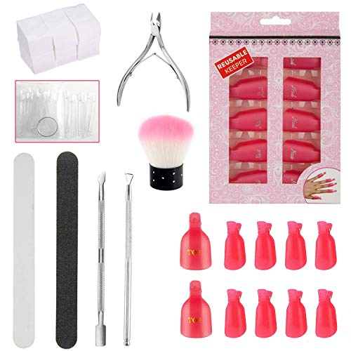 BTSD-home Gel Nail Polish Remover Clips Set with Cuticle Remover Includes 2 Cuticle Trimmer 1 Cuticle Nipper 20 Toenails Nails Clip Cap 500 Pcs Wipe Cotton Pads 2 Nail Files 1 Nail Brush 50 pcs color