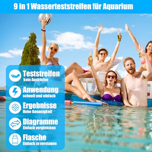 9 in 1 Wasserteststreifen für Aquarium, Trinkwasser & Pool – 100 Streifen zur Messung von pH, Wasserhärte, Chlor, Nitrit uvm. – Universelles Wasseranalyse-Set für Fischbecken, Leitungswasser & mehr