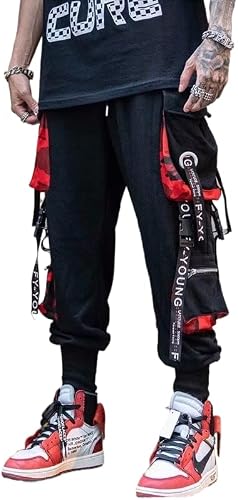 Men's Jogger Pants Punk Cargo Baggy Techwear Hip Hop Harem Pants Streetwear Tactical Track Pants (Black,Medium)