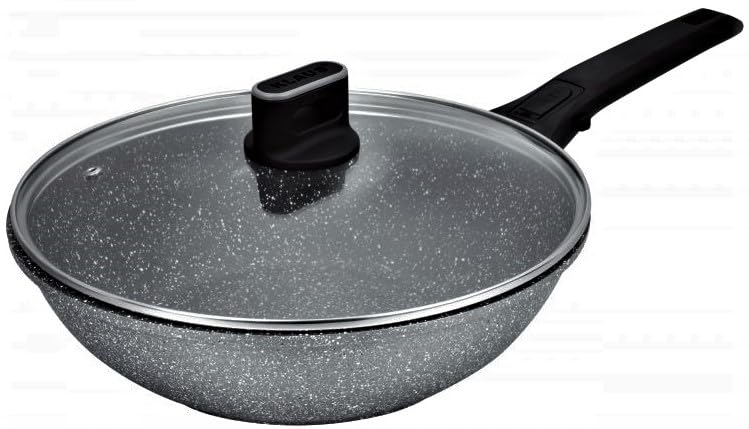 GREBLON poêles Wok façon Pierre avec couvercle de Haute qualités Anti-Adhérente Compatible Tous Feux 100% Induction adapté au Four grâce à sa Manche...
