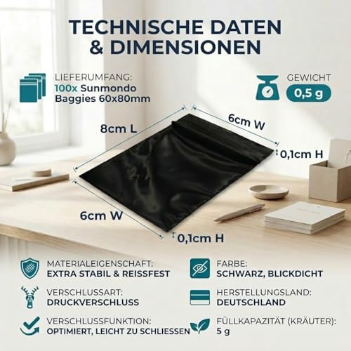 Sunmondo Baggies 60x80mm - Extra stabile Tütchen mit Druckverschluss, Komplett schwarz und Blickdicht (60x80, 100, stück)