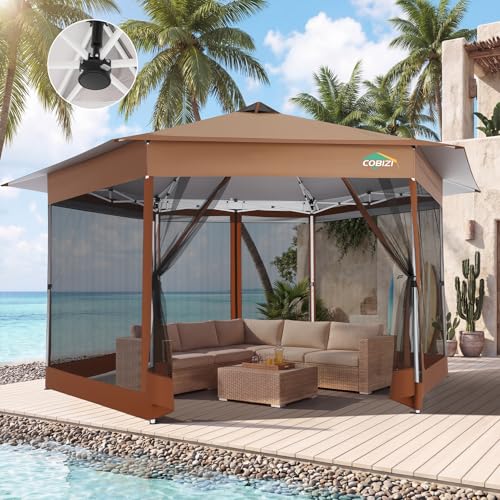 Image of COBIZI 16x16 Pop Up Gazebo Tent with Mosquito Netting, Gazebos on Clearance, Hexagonal Outdoor Canopy Shelter, Patented Center Lock 6-Sided Portable Gazebos, Pop Up Canopy Tent for Backyard, Brown