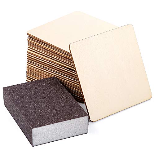 Caydo 24 Pieces 4 Inch Square Unfinished Blank Wood Squares Slices Unfinished Wood with Sanding Sponge for Pyrography, Painting, Writing, Drinks DIY Craft, Photo Props and Decoration