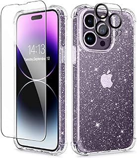 GVIEWIN Compatible with iPhone 14 Pro Case 6.1 Inch 2022, with Tempered Glass Screen Protector + Camera Lens Protector Clear Glitter Sparkle Non-Yellowing Soft Shockproof Women Cover (Glitter)