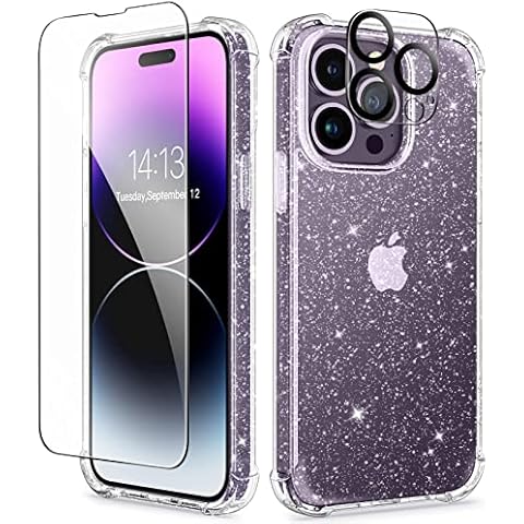 GVIEWIN Compatible with iPhone 14 Pro Max Case 6.7 Inch 2022, with Tempered Glass Screen Protector + Camera Lens Protector Clear Glitter Sparkle Non-Yellowing Soft Shockproof Women Cover (Glitter) Cover