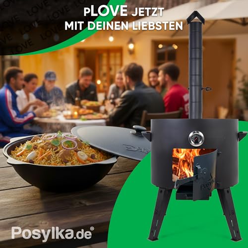 Utschak Feuerofen mit Thermometer Gusseisen Topf runder Boden mit Deckel (22 L) Holzlöffel, Schaumlöffel, Schöpfkelle, Spachtel aus Holz, Lagan KazanoFF, Учаг, Kazan-9