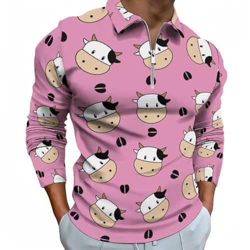 Polo manches longues homme rose avec motif tête de vache dessin animé et zip