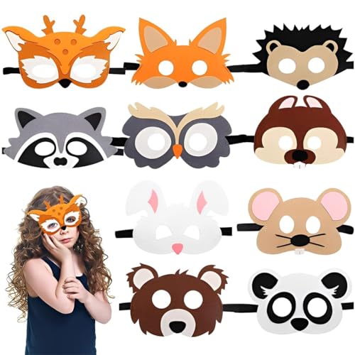 KUMSODE 10 peças de máscaras de animais de Halloween para crianças, máscaras de animais para crianças de feltro, máscaras de aniversário infantis, decoração para festas na selva