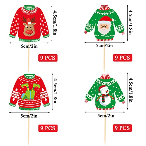 Jkq 36 Pieces Ugly Sweater Party Cupcake Toppers Red Green Christmas Elk Santa Snowman Elf Sweater Cupcake Picks Merry Xmas Holiday Winter Ugly Sweater Party Food Cake Cupcake Decorations Supplies #TOP1