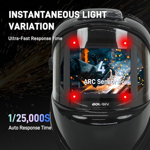 Image of WHA100 Auto Darkening Welding Helmet-CE EN175 Certification-Solar&Battery Power-4 Sensors, 0.04ms Response Time-Optical Grade 1 /1 /1 /2-True Color Wide View Screen-Shade 8-12 for SMAW, MIG, TIG, GTAW