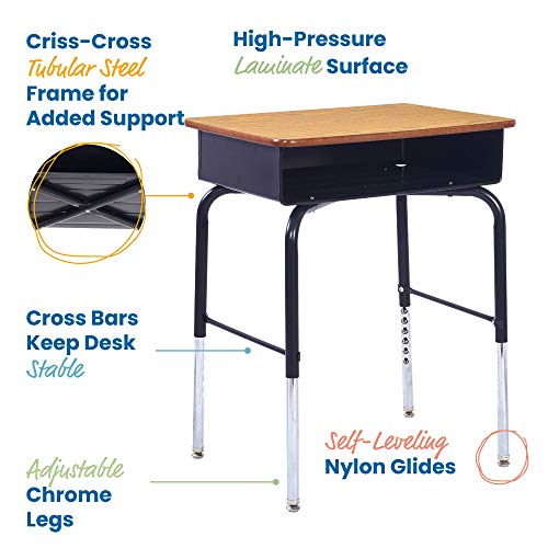 Ecr4Kids 24In X 18In Adjustable Open Front Student W/Metal Book Box Desk, 1-Pack, Black And Oak & Flash Furniture Hercules Series 440 Lb. Capacity Kid's Black Ergonomic Shell Stack Chair #TOP3